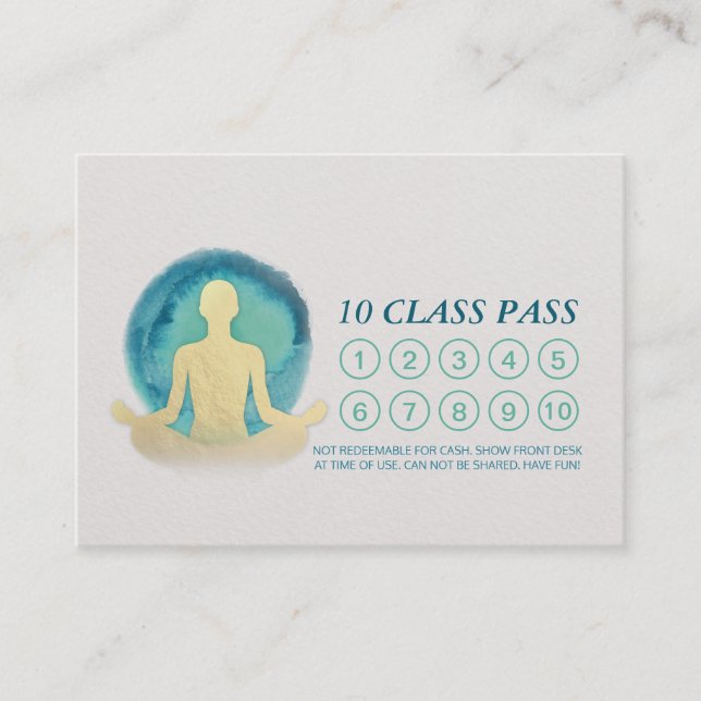 Aquamarin & Gold Wasserfarbe YOGA Class Pass Termi Treuekarte (Vorderseite)