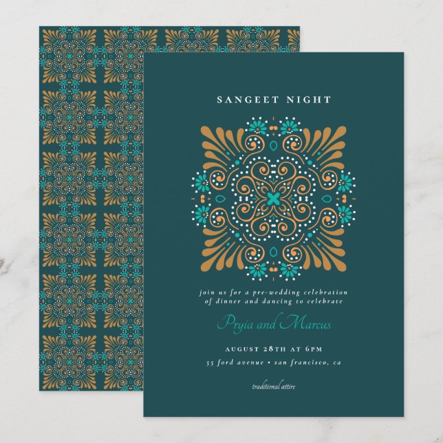 Aquamarin Gold White Mandala Mehndi Sangeet Einladung (Vorne/Hinten)