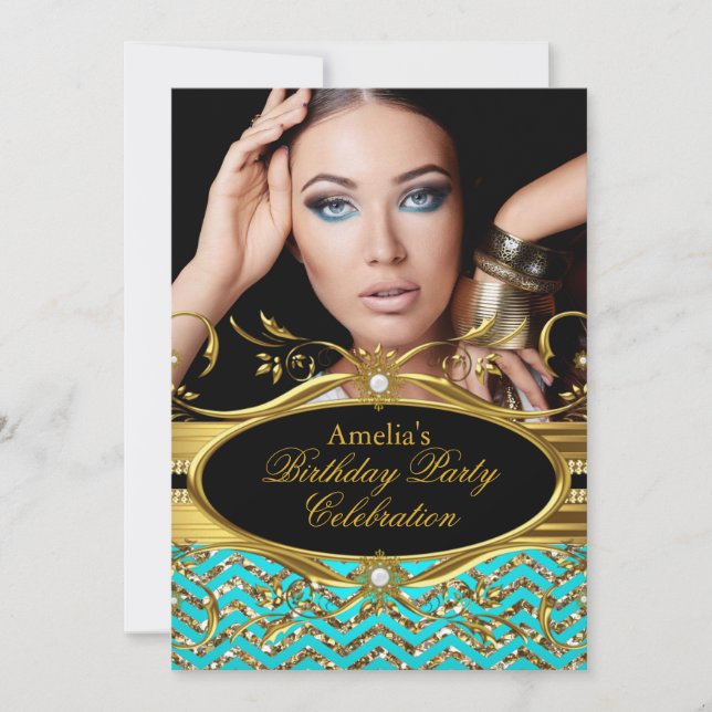 Aquamarin & gold Zickzack Diamond Foto Geburtstag Einladung (Vorderseite)