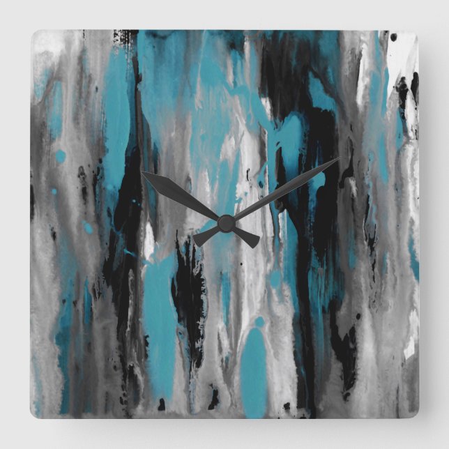 Aquamarin Grau Schwarz und Weiß Abstrakt Quadratische Wanduhr (Vorderseite)