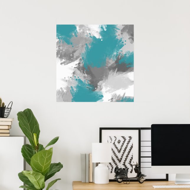 Aquamarin Graue Abstrakte moderne Pinselstriche Poster (Heimbüro)