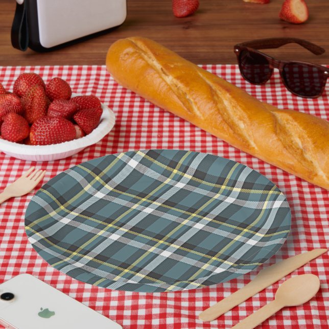 Aquamarin-graue gelbe Tartan Karierte Streifen Pappteller (Picknick)