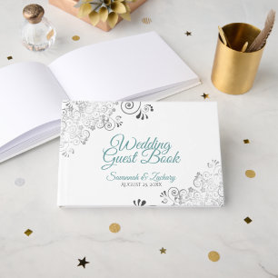 Aquamarin & Gray Frilly Filigree Elegante Hochzeit Gästebuch