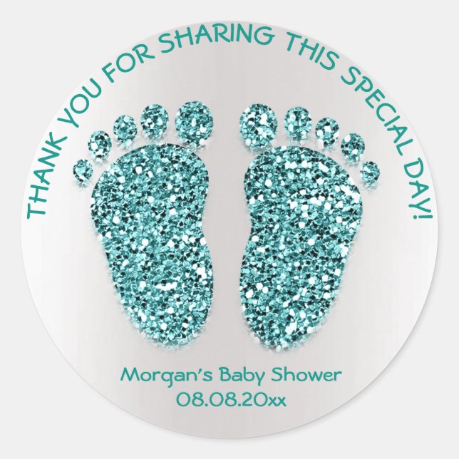 Aquamarin Gree Glitzer Feet Baby Dusche Gefallen V Runder Aufkleber (Vorderseite)