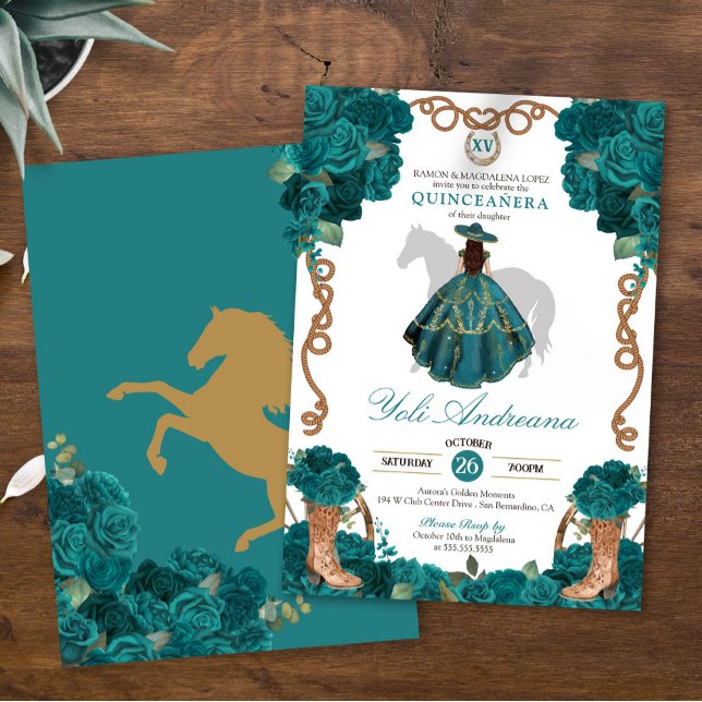 Aquamarin Green Blue Rose Charro Vestidos Quinceñe Einladung (Von Creator hochgeladen)