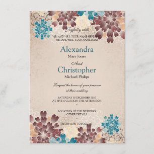 Aquamarin Green, Brown & Ivory Blume Retro Wedding Einladung