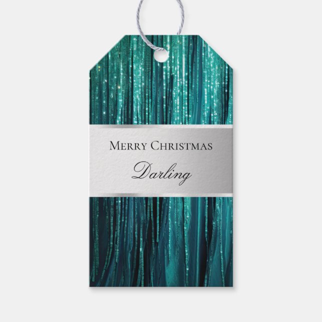 Aquamarin Green Glam Glitzy Tinsel Streifen Geschenkanhänger (Vorderseite)