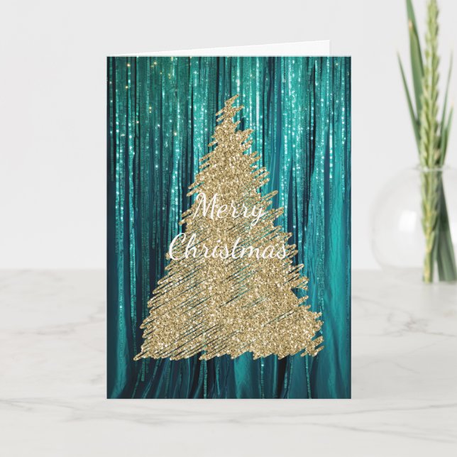Aquamarin Green Tinsel Gold Glitzer Weihnachtsbaum Karte (Vorderseite)