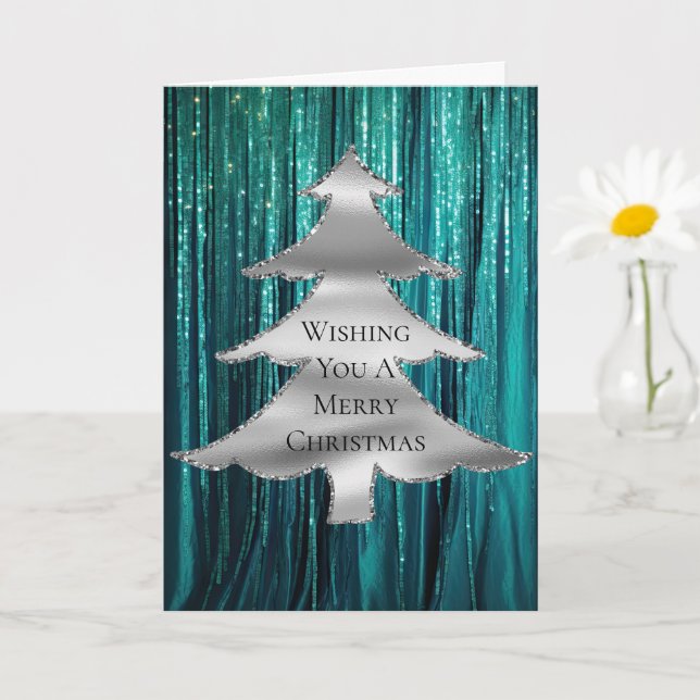 Aquamarin Green Tinsel Silver Weihnachtsbaum Karte (Kleine Pflanze)
