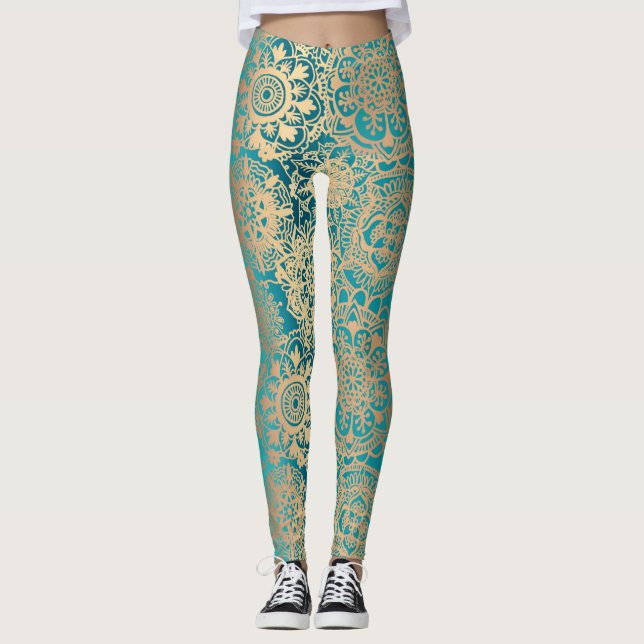 Aquamarin Green und Gold Boho Mandala Pattern Yoga Leggings (Vorderseite)
