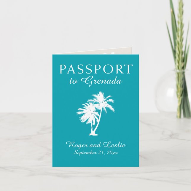 Aquamarin Grenada Island Palm Tree Wedding Passpor Einladung (Vorderseite)