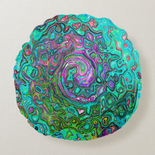 Aquamarin Groovy Abstrakter Retro Flüssigkeitswirb Rundes Kissen