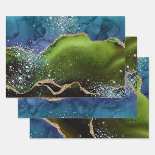Aquamarin & grün/Gold Glitzer Peacock Agate Geschenkpapier Set
