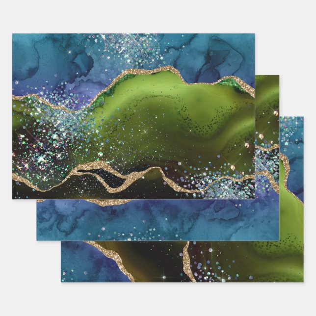 Aquamarin & grün/Gold Glitzer Peacock Agate Geschenkpapier Set (Set)