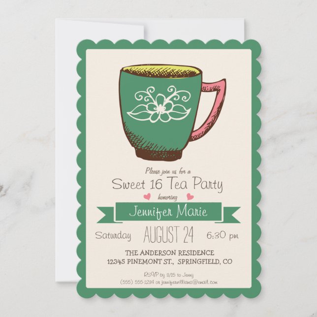 Aquamarin Grün & Rosa Retro Sweet 16 Tea Party Einladung (Vorderseite)