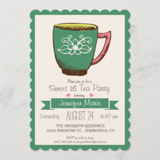 Aquamarin Grün & Rosa Retro Sweet 16 Tea Party Einladung
