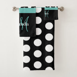 Aquamarin-grüner Monogramm-Schwarz-weiß-Polka-Do Badhandtuch Set