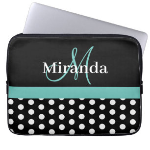 Aquamarin-grüner Monogramm-Schwarz-weiß-Polka-Dot Laptopschutzhülle