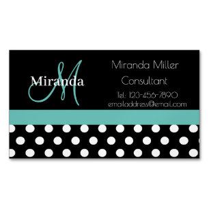 Aquamarin-grüner Monogramm-Schwarz-weiß-Polka-Dot Magnetische Visitenkarte