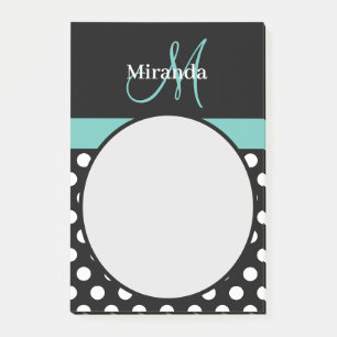 Aquamarin-grüner Monogramm-Schwarz-weiß-Polka-Dot Post-it Klebezettel