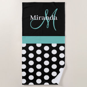 Aquamarin-grüner Monogramm-Schwarz-weiß-Polka-Dot Strandtuch