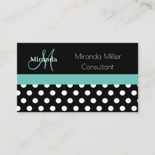 Aquamarin-grüner Monogramm-Schwarz-weiß-Polka-Dot Visitenkarte