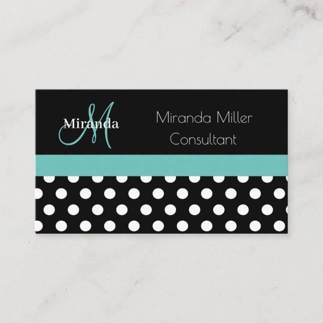 Aquamarin-grüner Monogramm-Schwarz-weiß-Polka-Dot Visitenkarte (Vorderseite)