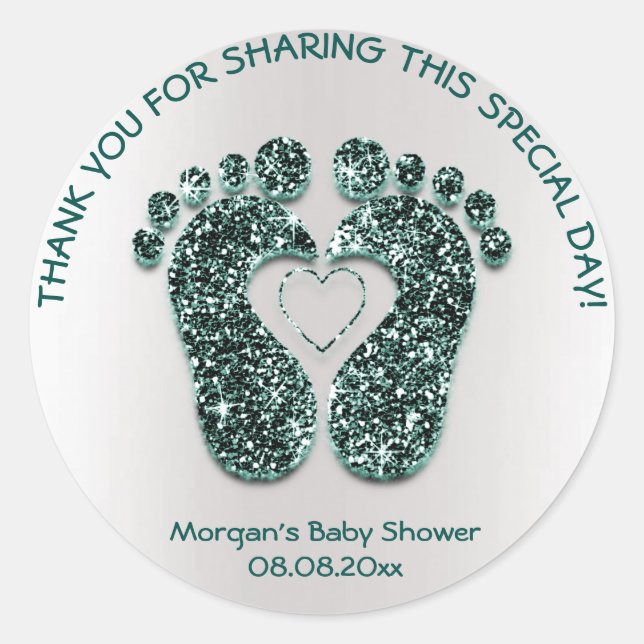 Aquamarin Heart Feet Babydusche Glitzer Danke Funk Runder Aufkleber (Vorderseite)