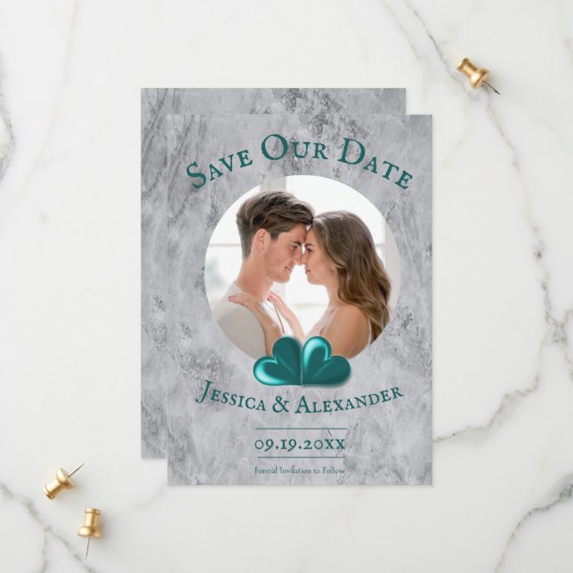 Aquamarin Hearts Foto Save the Date (Vorderseite/Rückseite Beispiel)