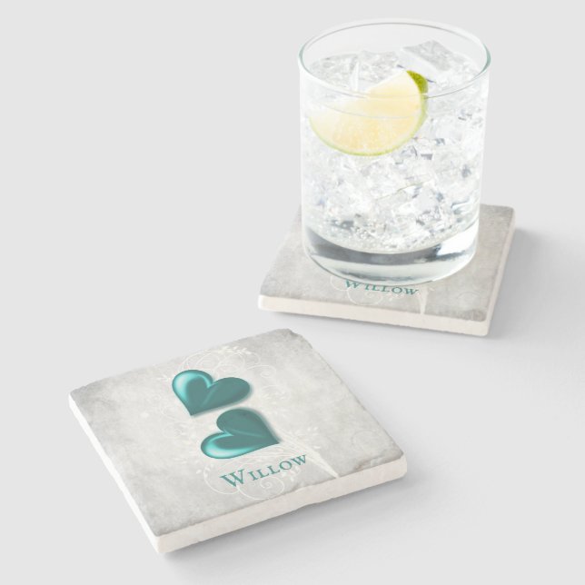 Aquamarin Hearts Personalisiert Stone Untersetzer (Seitenansicht)
