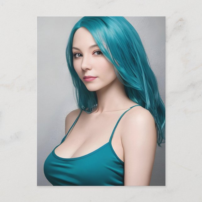 Aquamarin Hhaarige junge Frau Postkarte (Vorderseite)