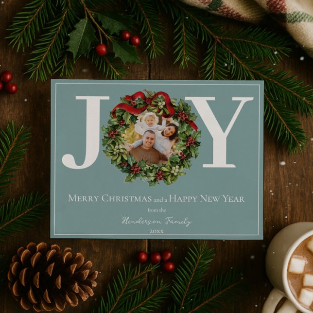 Aquamarin Joy Christmas Wreath Foto Feiertagskarte (Teal Joy Christmas Wreath Photo Holiday Card)