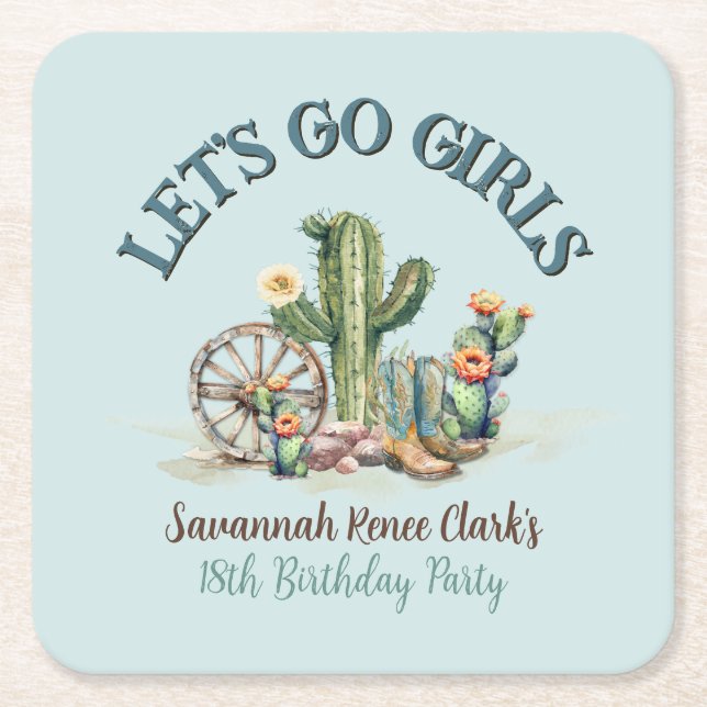 Aquamarin Lasse Go Girls Cowgirl Cactus Birthday P Rechteckiger Pappuntersetzer (Vorderseite)