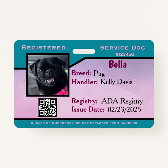 Aquamarin/Lila Service-Hund-ID-Abzeichen Ausweis (Vorderseite)