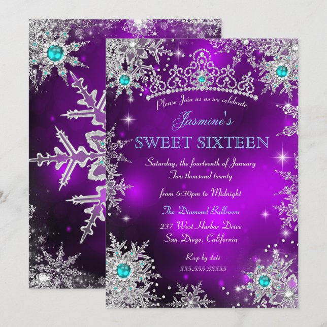 Aquamarin Lila Winterwonderland Süß 16 Schneeflock Einladung (Vorne/Hinten)
