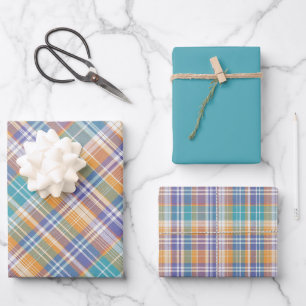 Aquamarin, Lilac, Apricot und Weiß Kariert Geschenkpapier Set