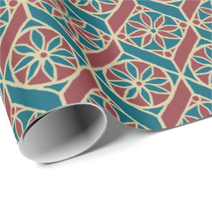 Aquamarin, Maroon, Beige Ethnisch-florales Muster Geschenkpapier