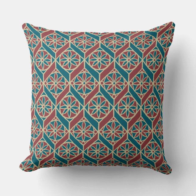 Aquamarin, Maroon, Beige Ethnisch-florales Muster Kissen (Vorderseite)