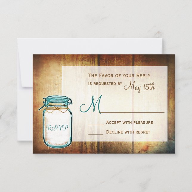 Aquamarin Mason Jar Barn Wood Rustic Wedding RSVP  (Vorderseite)