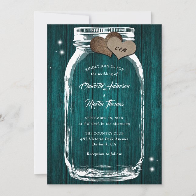 Aquamarin Mason Jar Burlap Hearts Barn Wood Weddin Einladung (Vorderseite)