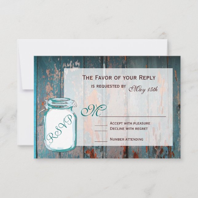 Aquamarin Mason Jar Rustic Barn Wood Wedding RSVP  (Vorderseite)