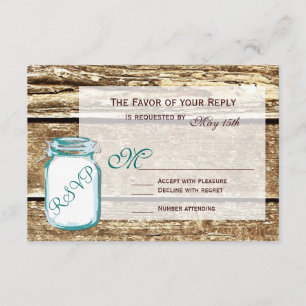 Aquamarin Mason Jar Rustic Barn Wood Wedding RSVP  Karte