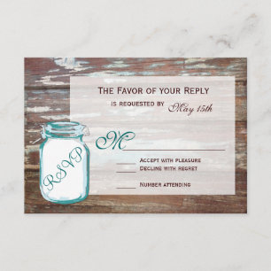 Aquamarin Mason Jar Rustic Barn Wood Wedding RSVP  Karte