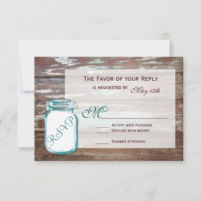 Aquamarin Mason Jar Rustic Barn Wood Wedding RSVP  Karte (Vorderseite)