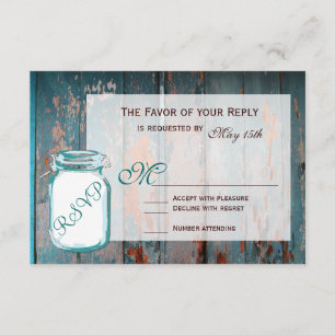 Aquamarin Mason Jar Rustic Barn Wood Wedding RSVP  Karte