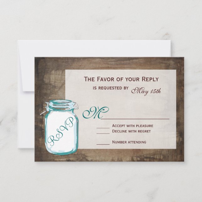 Aquamarin Mason Jar Rustic Brown Wedding RSVP Card (Vorderseite)