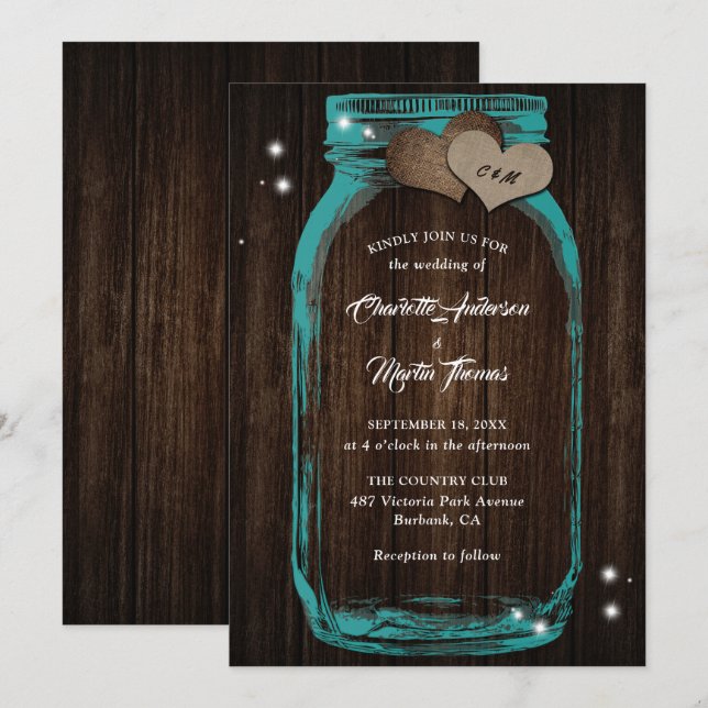 Aquamarin Mason Jar Rustic Wood Wedding Einladung (Vorne/Hinten)