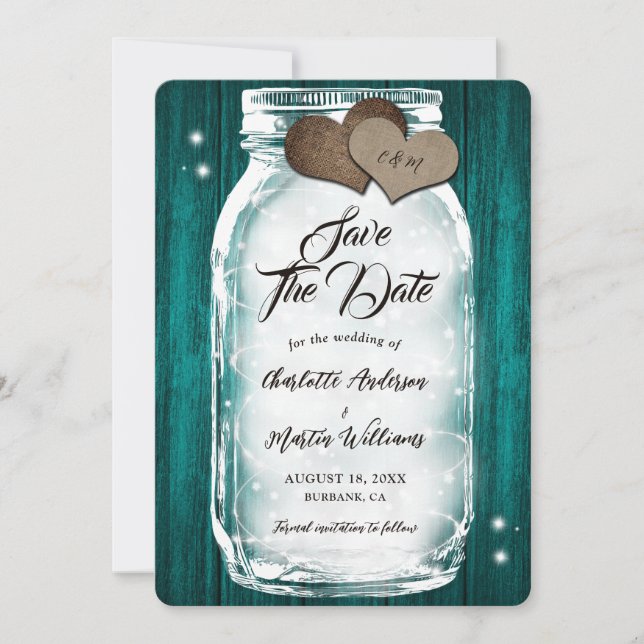 Aquamarin Mason Jar String Lights Barn Wood Weddin Save The Date (Vorderseite)