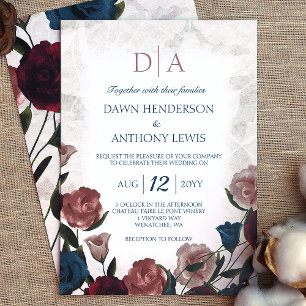 Aquamarin, Mauve Blush, Burgund Rose Garden Weddin Einladung