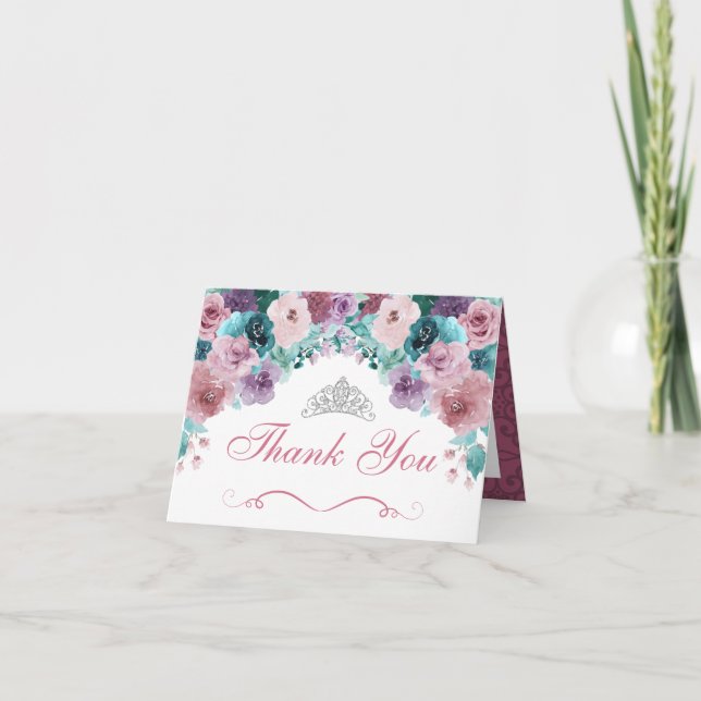 Aquamarin & Mauve Floral Quinceanera Danke Karte (Vorderseite)